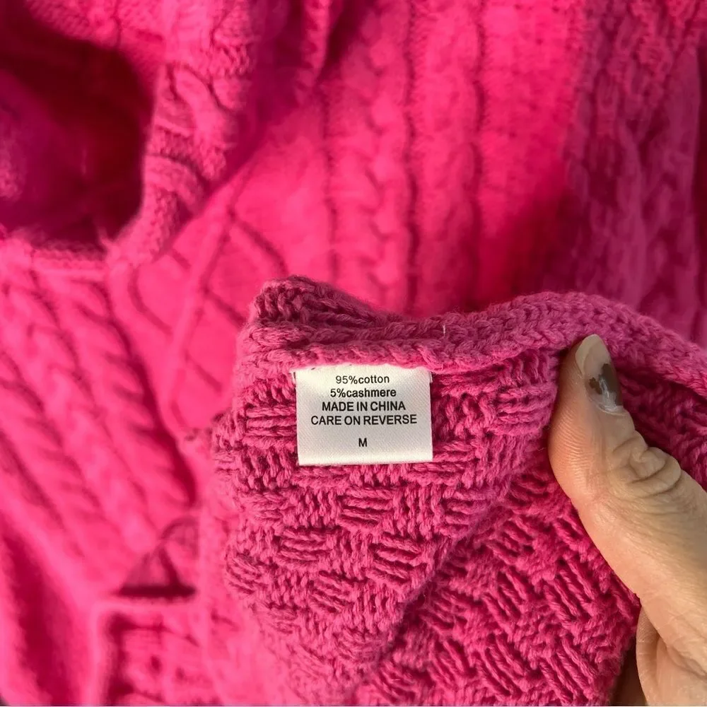 Burgess Cotton Cashmere blend Bright Pink Cable Knit TurtleNeck Sweater Medium